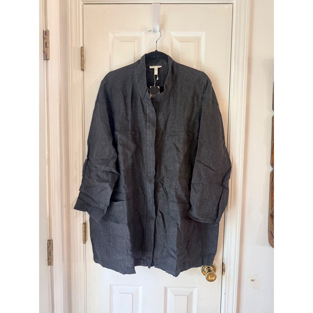 EILEEN FISHER Linen Delave Stand Collar Jacket Graphite Grey Size 1X